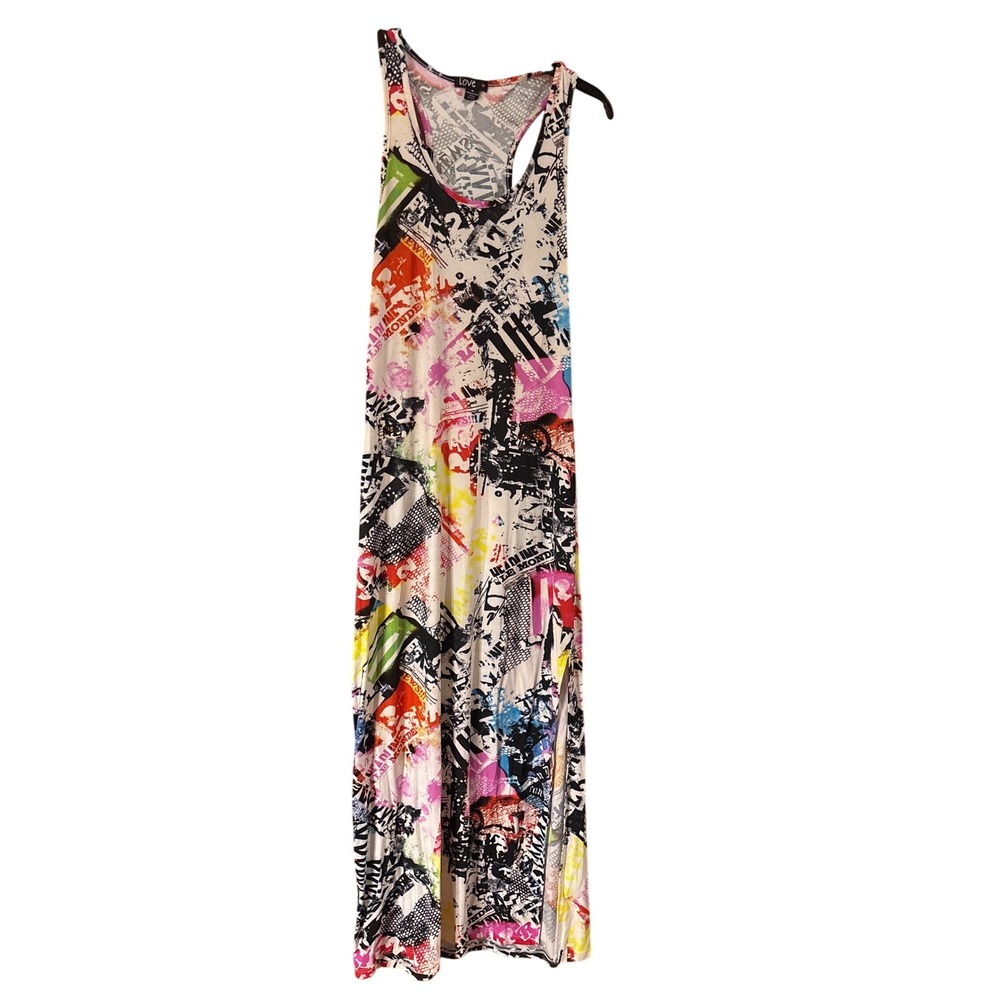 Love Newsprint Graffiti Graphic Racerback Maxi Dress Multi Color Womens Medium
